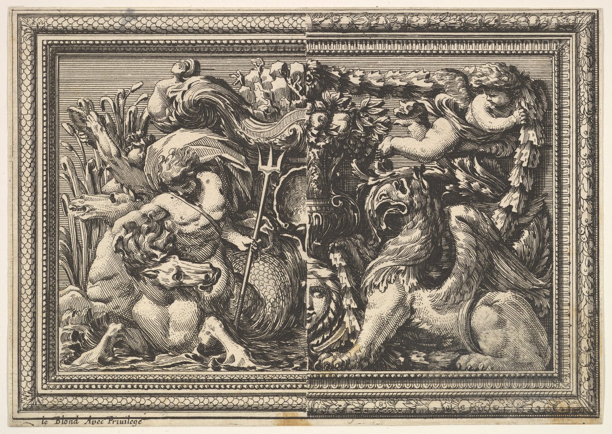 Entwurf für ein Paneel mit zwei Varianten, die ein Hippokamp und einen Greif enthalten, aus: Ornements von Jean le Pautre