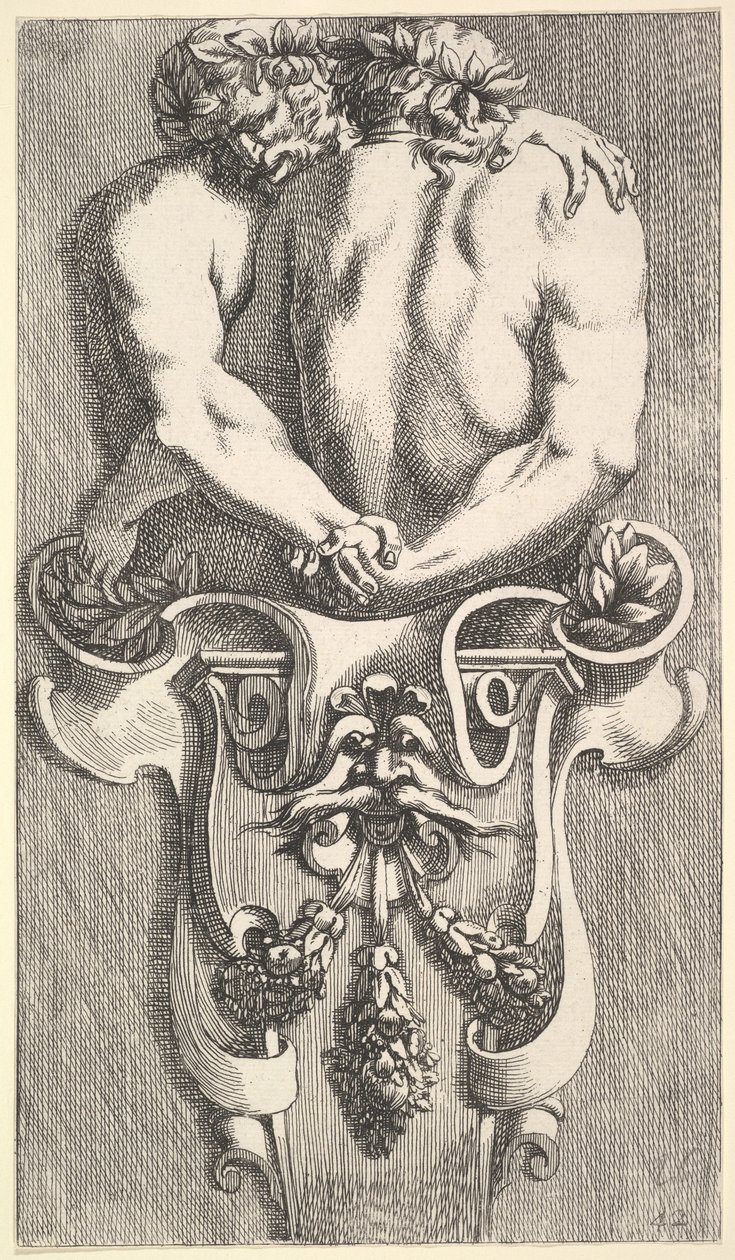 Entwurf für einen Abschluss mit zwei umarmenden Satyrn, aus: Curieuses recherches de plusieurs beaus, 1645 von Jean le Pautre