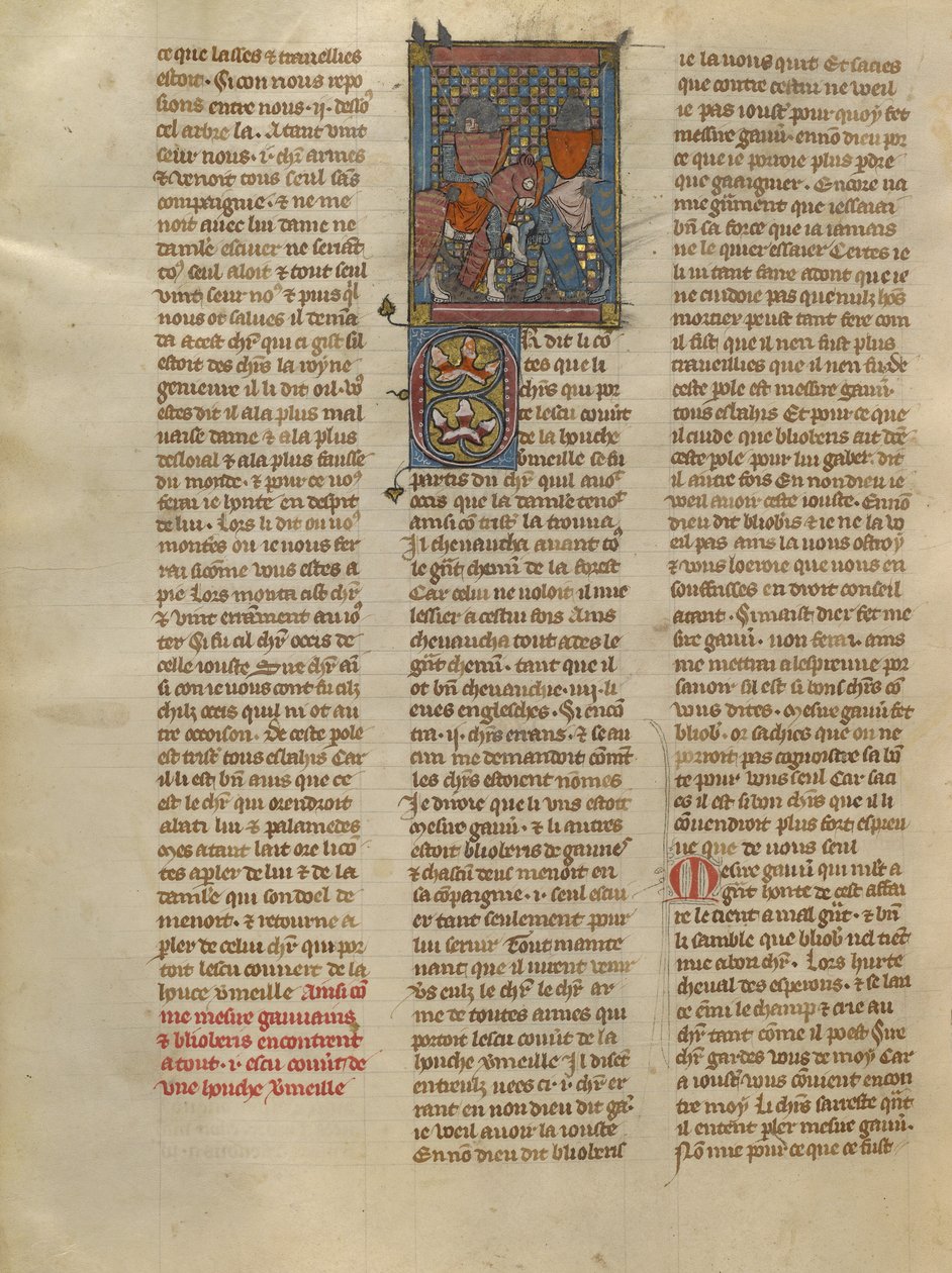 Gauvain und Blioberis treffen einen Ritter mit rotem Schild von Jeanne de Montbaston