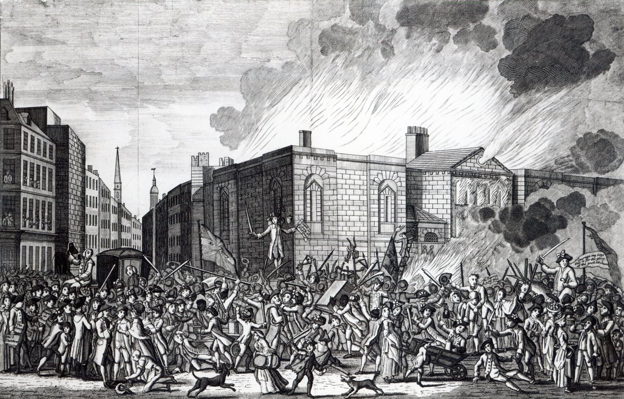 Eine genaue Darstellung der Verbrennung, Plünderung und Zerstörung von Newgate durch die Aufständischen am denkwürdigen 7. Juni 1780, graviert von Henry Roberts, 1781 von Jefferyes Hammett O