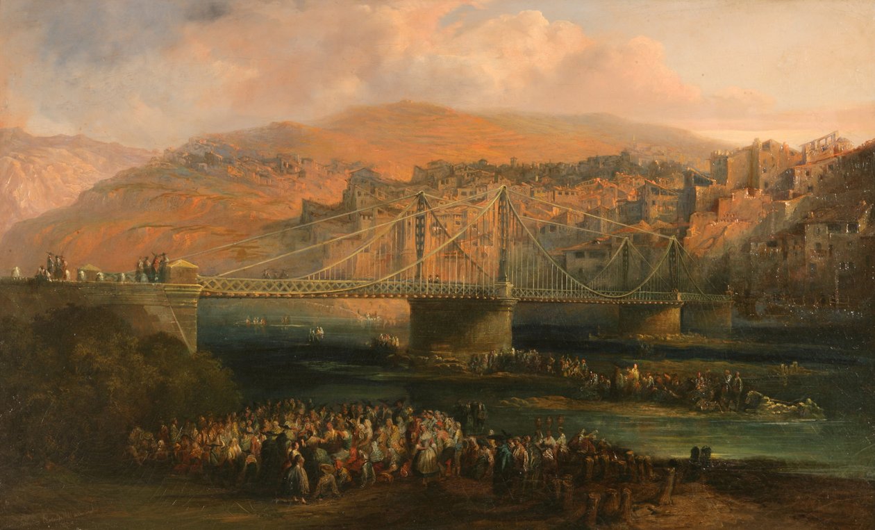 Ansicht der Stadt Fraga und ihrer Hängebrücke von Jenaro Pérez Villaamil