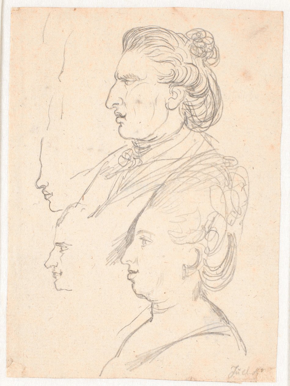 Profilporträts von Königin Caroline Mathilde, J.F. Struensee und Enevold Brandt, sowie ein Entwurf, möglicherweise von Juel selbst. Alle im Profil nach links von Jens Juel