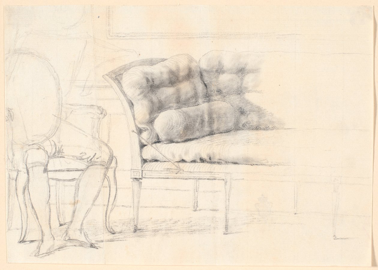 Studie zum Holmskiold-Familienbild von 1787: das gepolsterte Sofa, und links ein Stuhl mit skizzierter Holmskiold-Figur von Jens Juel