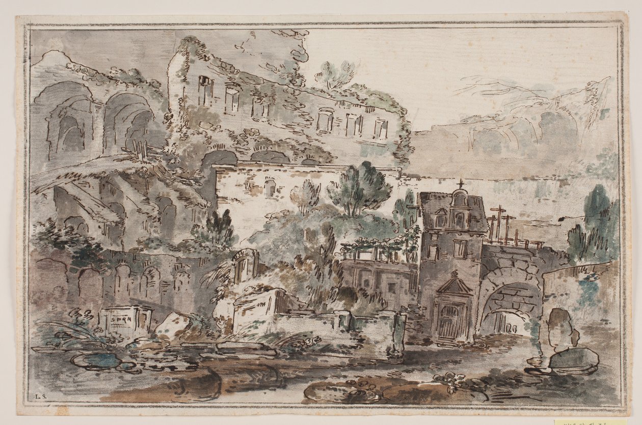Aussicht mit Ruinen und Häusern am Wasserlauf von Jens Petersen Lund