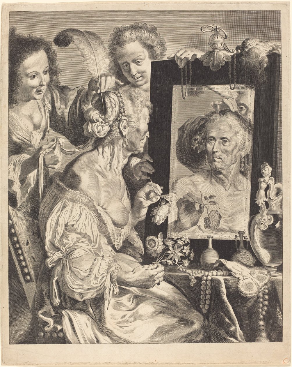 Eine alte Frau am Toilettentisch von Jeremias Falck after Johann Liss after Bernardo Strozzi