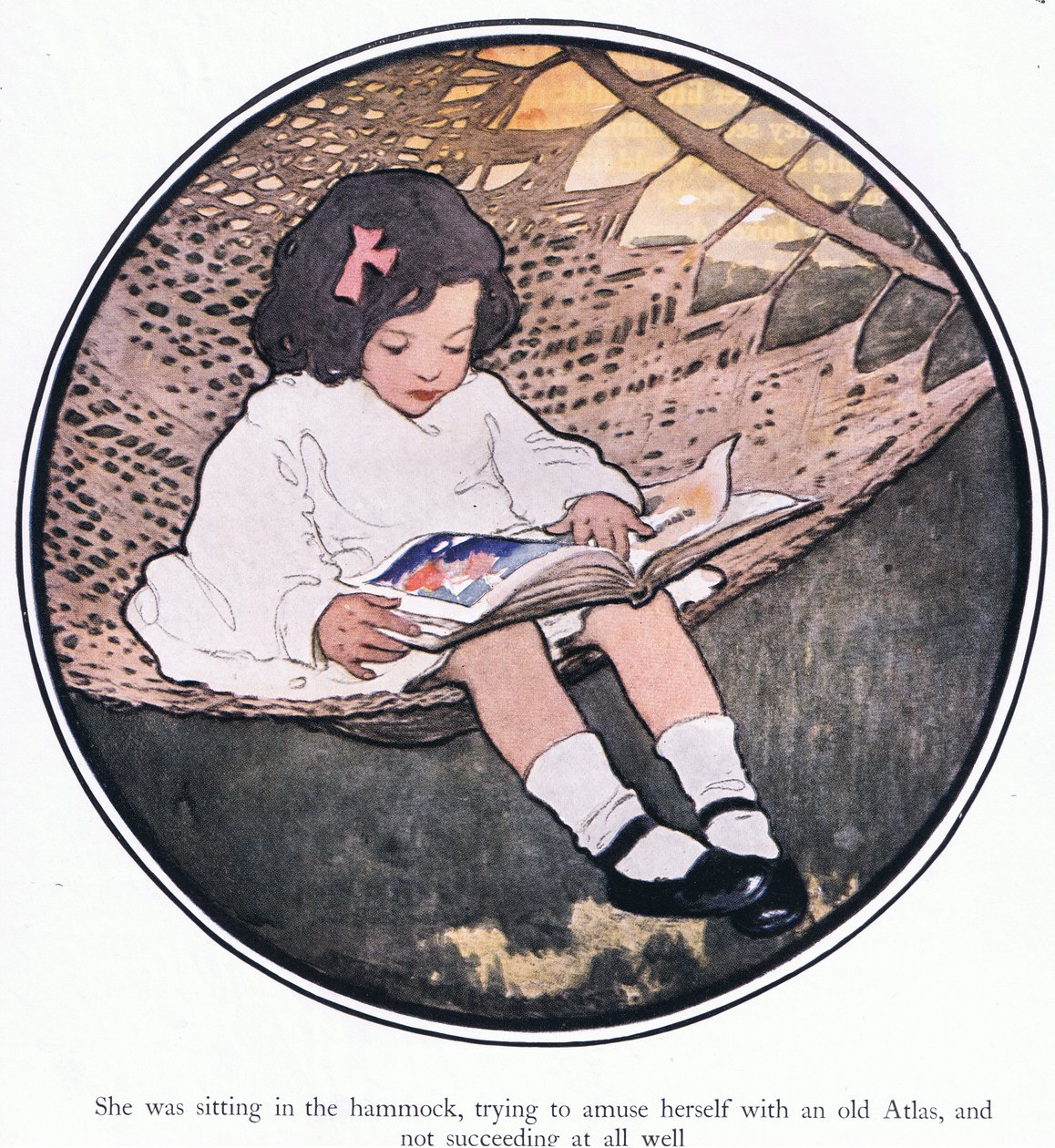 Sie saß in der Hängematte und versuchte, sich mit einem alten Atlas zu amüsieren, was ihr überhaupt nicht gelang von Jessie Willcox Smith
