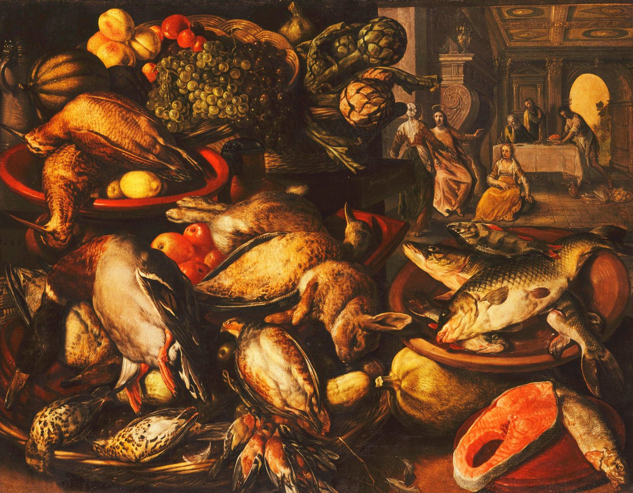 Wild, Fisch, Obst und Gemüse in Körben und Schalen in einer Speisekammer, 1569 von Joachim Beuckelaer