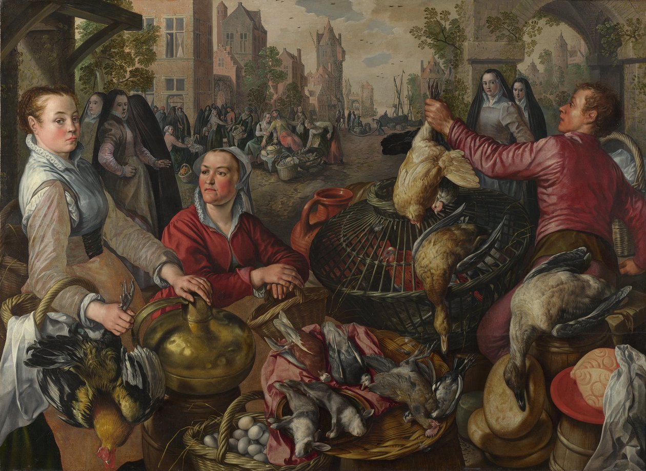 Die vier Elemente: Ein Geflügelstand in einer Stadt mit dem verlorenen Sohn im Hintergrund - eine Allegorie der Luft, 1569 von Joachim Beuckelaer