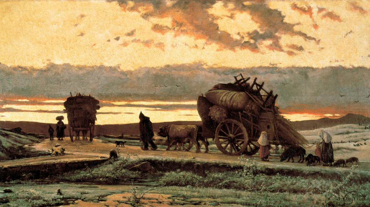 Kummer. Schmerz (oder Winter): Szene, die Bauernfamilien zeigt, die von ihrem Land vertrieben werden. 1876. Barcelona. Nationalmuseum für Kunst von Katalonien. von Joachim Vayreda i Vila