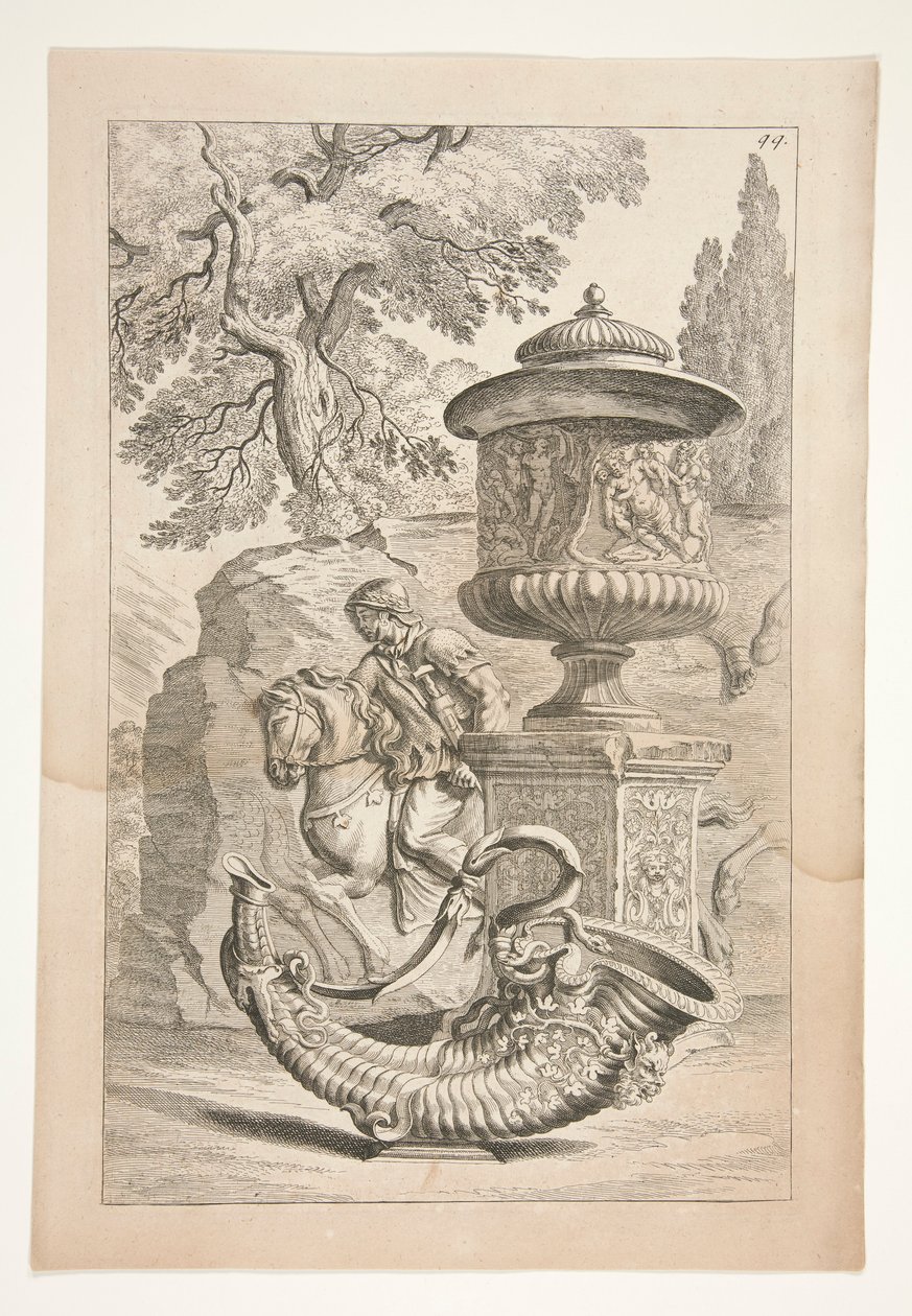 Ein Relief von Kriegern, eine bedeckte Vase mit einem bacchischen Relief und ein Füllhorn in einer Landschaft von Joachim von Sandrart