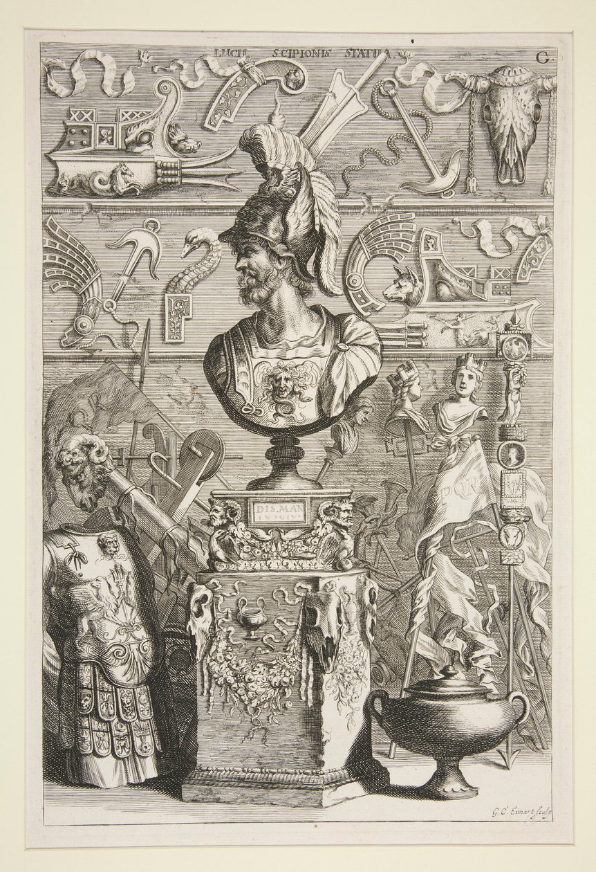 Eine Statue von Lucius Sciopione, Rüstung und andere antike Banner und Fragmente von Joachim von Sandrart