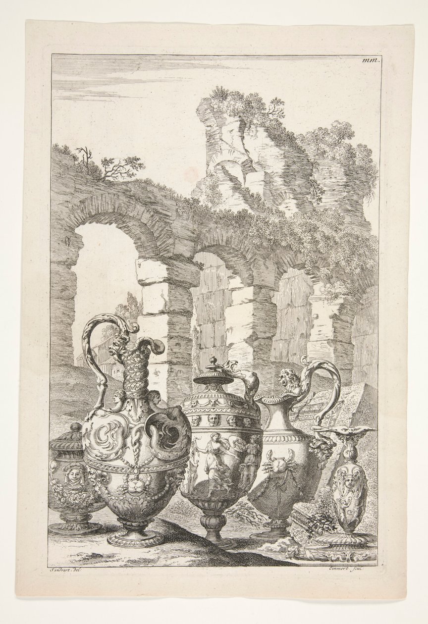 Drei Krüge, eine bedeckte Vase und ein Kerzenhalter in einer Landschaft mit Ruinen von Joachim von Sandrart