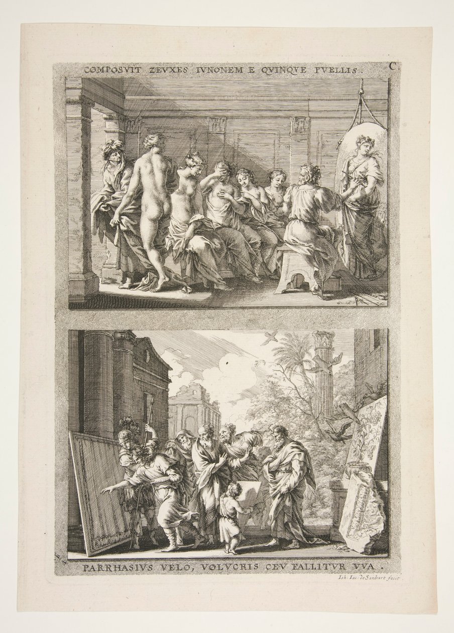 obere Hälfte: COMPOSIT ZEUXES IUNONEM E QUINQUE PUELLIS untere Hälfte: PARRHASIUS VELO, VOLVCRIS CEV FALLITOR VUA von Joachim von Sandrart