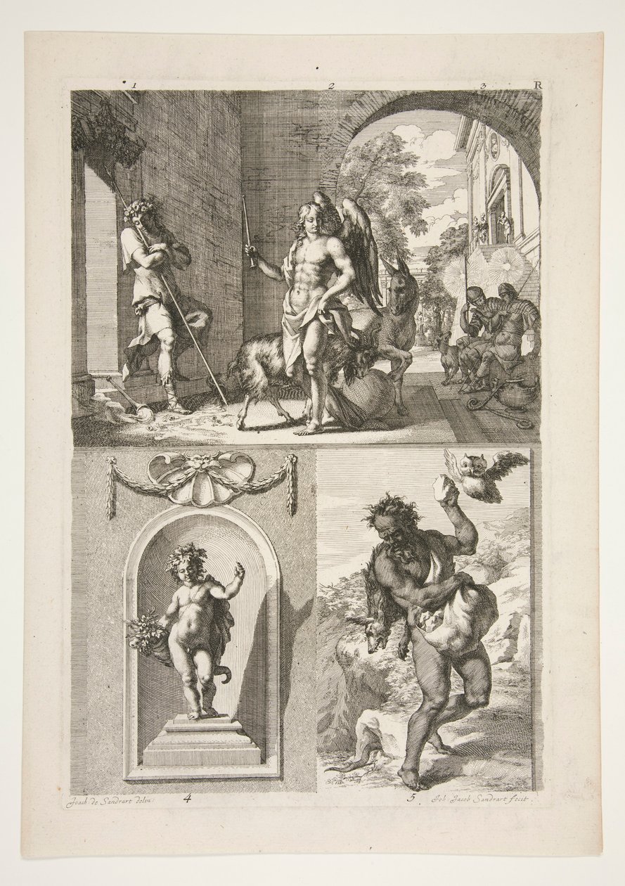 obere Hälfte: Unbekanntes religiöses Thema untere Hälfte: Eine Statue eines Putto in einer Nische und eine Statue eines Fauns in einer Landschaft von Joachim von Sandrart