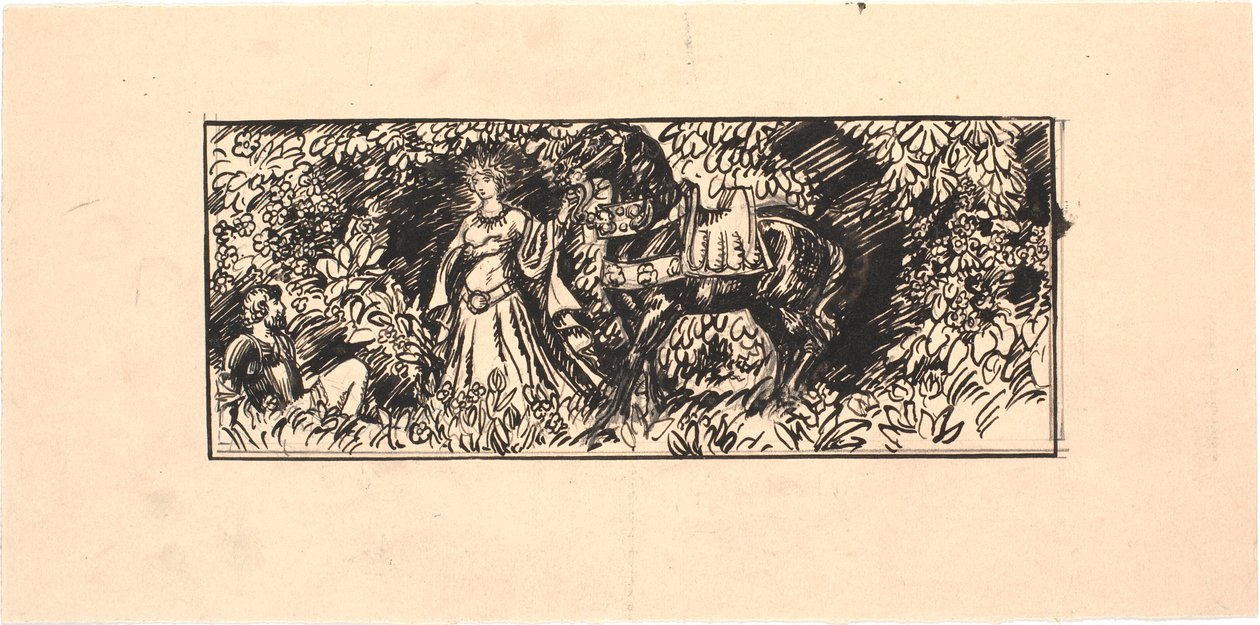Prinzessin führt schwarzes Pferd zu sitzendem Ritter im Wald von Joakim Frederik Skovgaard