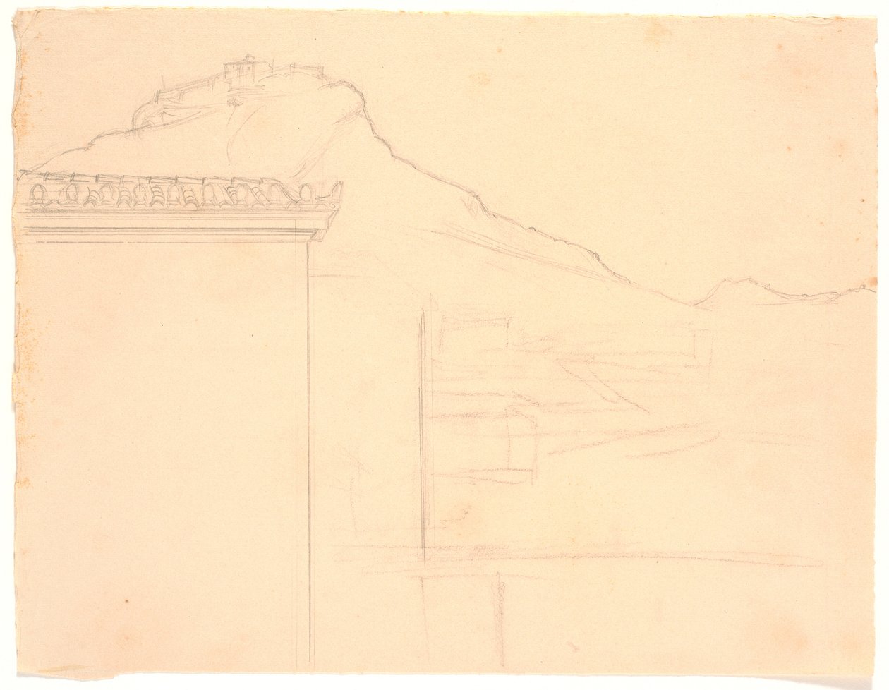 Aussicht auf Gebäude auf einem Felsvorsprung; im Vordergrund links eine Hausecke von Joakim Frederik Skovgaard