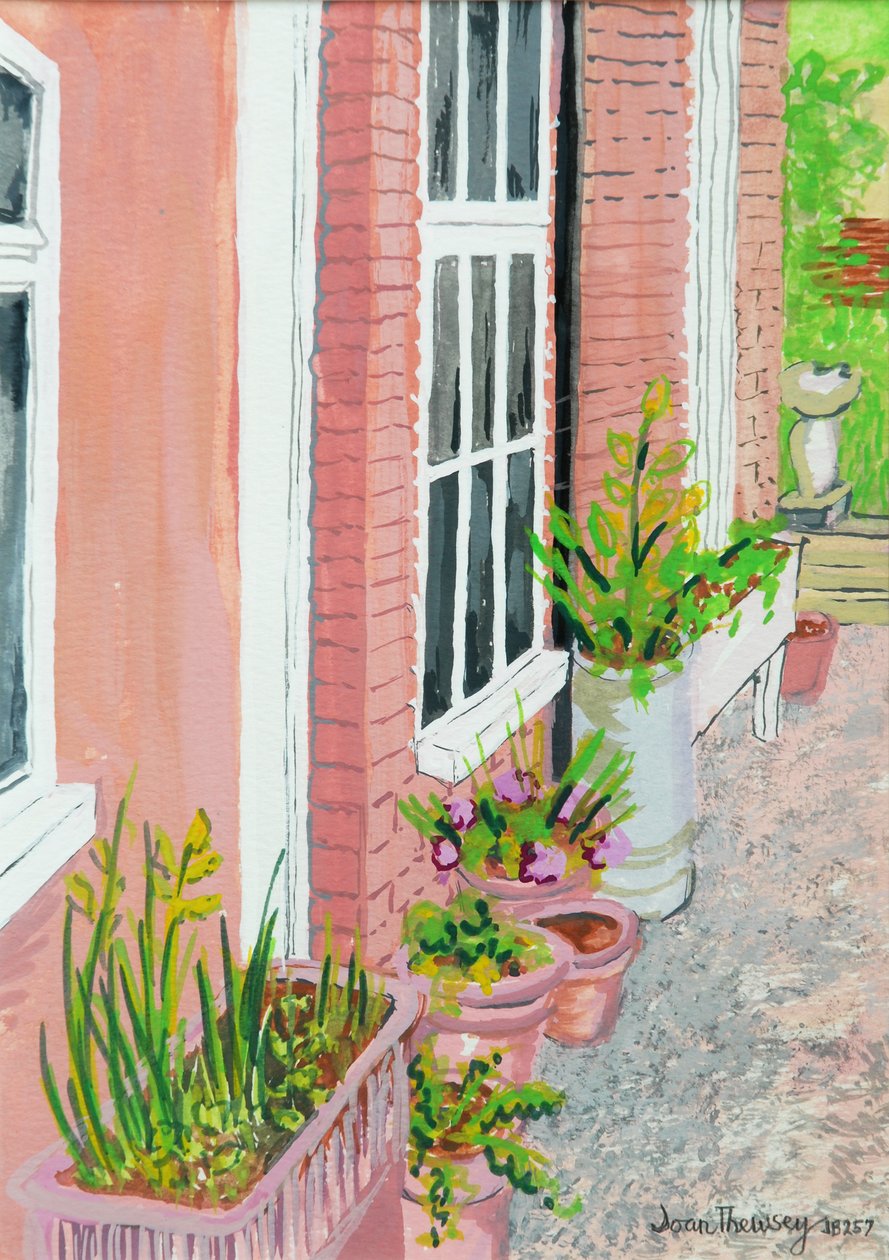 Blick aus dem Küchenfenster des Cottage mit Pflanzen, 2010 von Joan Thewsey