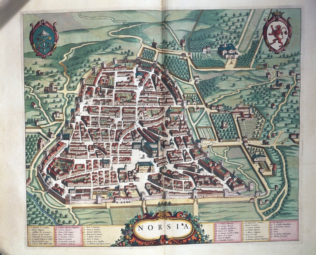 Karte von Norcia aus Theatrum civitatum et admirandorum Italiae von Joan Blaeu, Gravur von Joan Blaeu