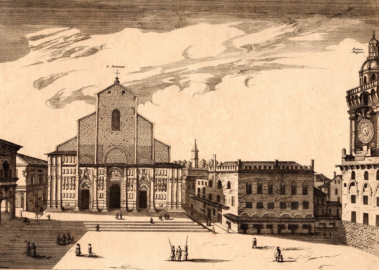 Die Basilika San Petronio auf der Piazza Maggiore, Bologna, Emilia-Romagna, Italien, Kupferstich von Joan Blaeu