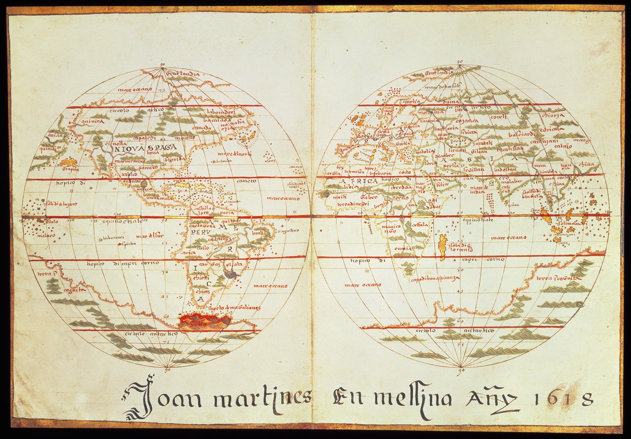 Weltkarte (Feder und Tinte auf Papier) von Joan Martines