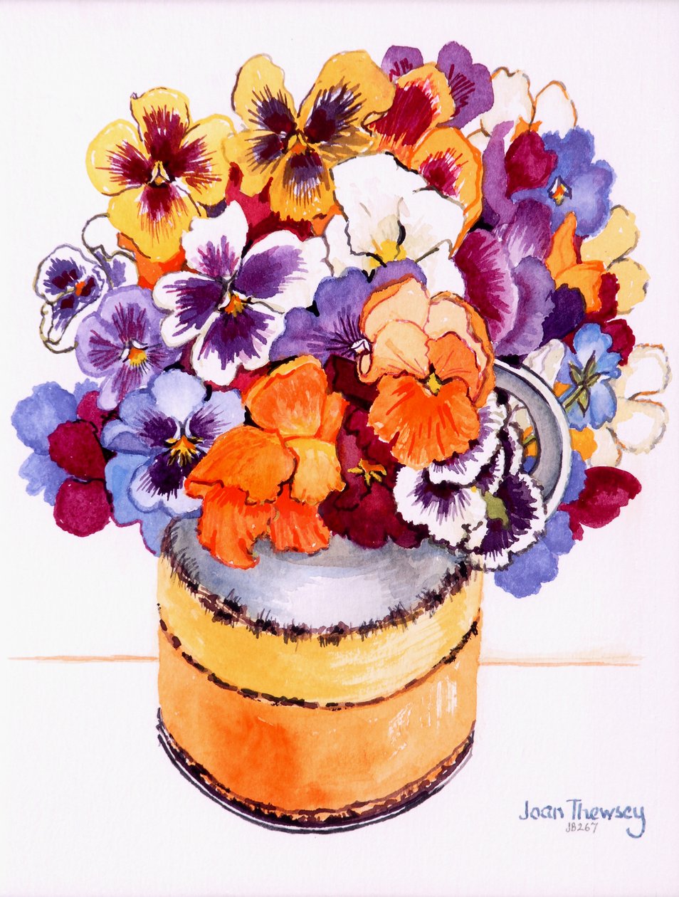 Stiefmütterchen in einem Winterkrug, 2000, Aquarell auf handgeschöpftem Papier von Joan Thewsey