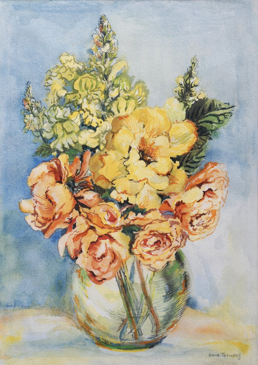 Gelbe Rosen und Löwenmäulchen, 2001 von Joan Thewsey