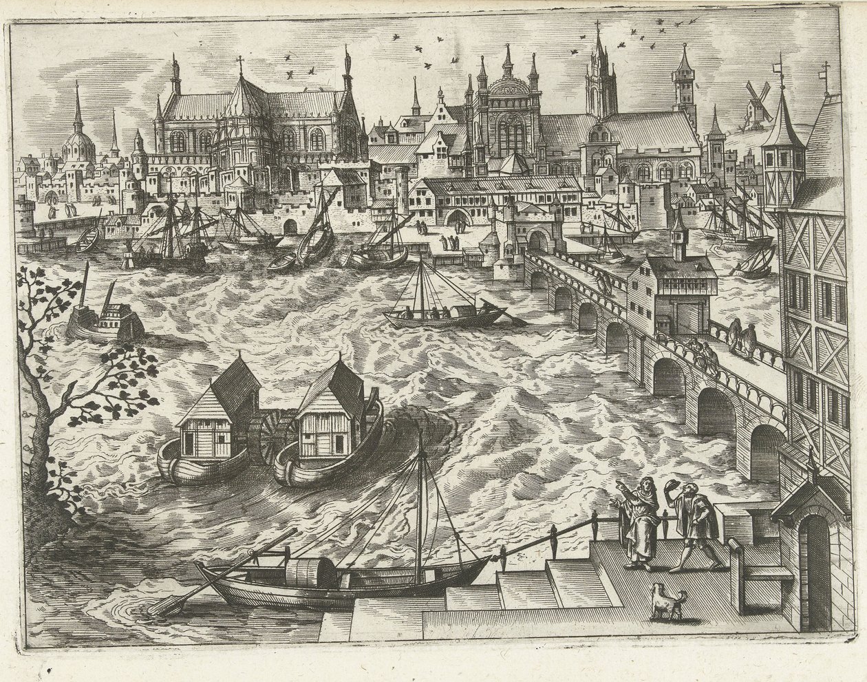 Stadtansicht mit Brücke und Hafen (Landschaften, Seestücke und fantasievolle Stadtansichten) von Joannes van Doetechum (I) (attributed to)