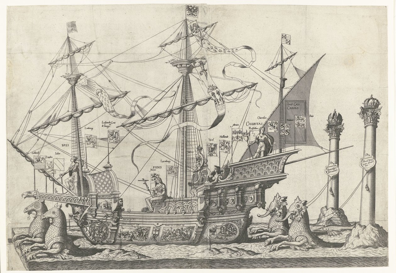Das Schiff Victoria, Nr. 5 (Beerdigungszug von Kaiser Karl V, 1558) von Joannes van Doetechum (I)