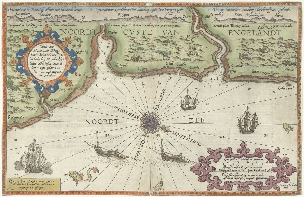 Karte der Nordküste Englands bei Newcastle upon Tyne (Caerte der Noordt custe van Engelandt, beginnende van Robinhodes baij tot Cocket Eijlandt) von Joannes van Doetechum (I)