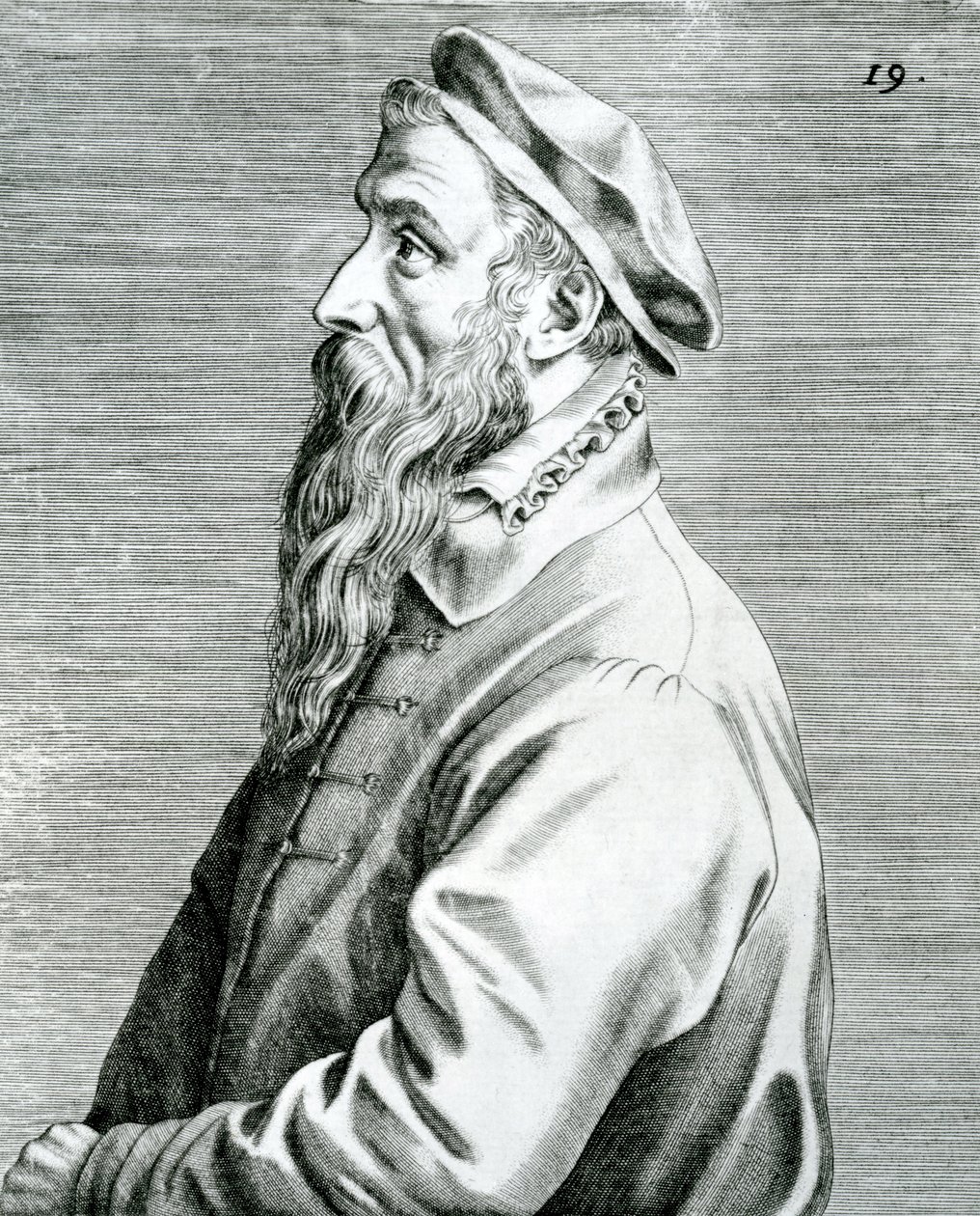 Peter Breughel, Platte 19 aus der Serie Pictorum aliquot celebrium Germanaie inferioris effigies (Porträts einiger berühmter Künstler der Niederlande), 1595 (Gravur und Buchdruck) von Johan Wierix