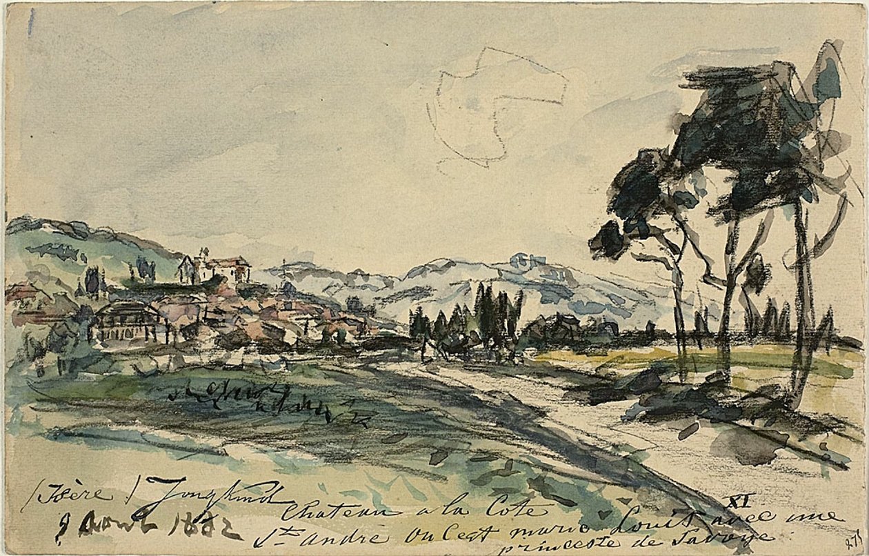 Chateau, Cote Saint Andre (recto); Leerer Wagen und Schuppen mit anderen Skizzen (verso) von Johan Barthold Jongkind