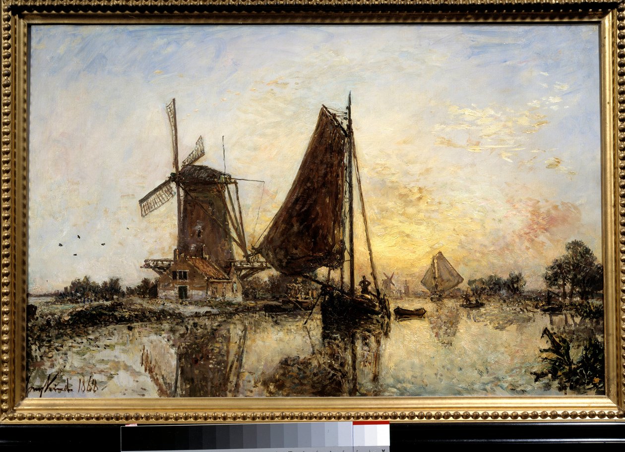 Niederländische Landschaft, Boote in der Nähe der Mühle von Johan Barthold Jongkind