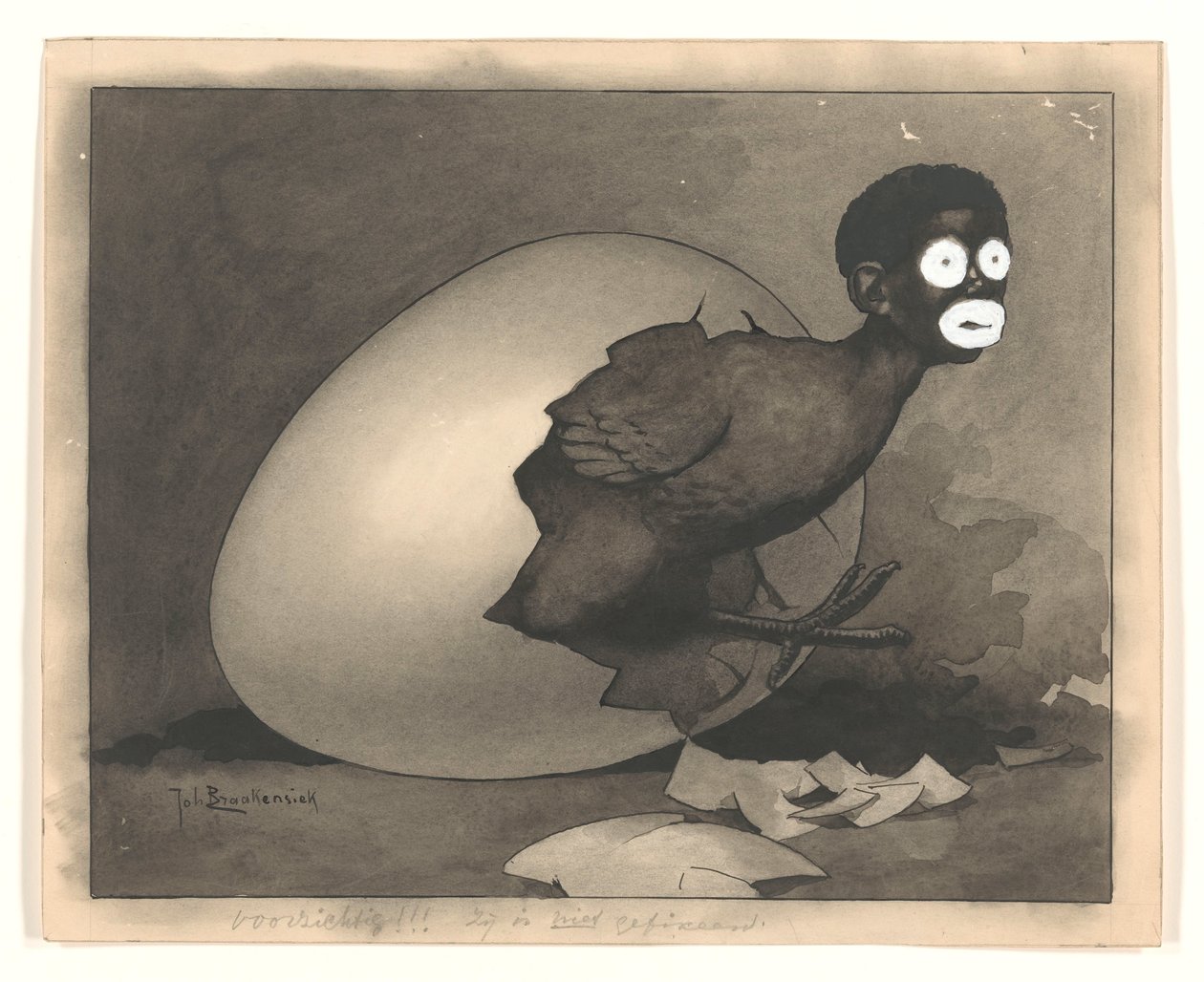 Entwurf für Illustration in De Amsterdammer: Ein schwarzer Mann kriecht aus einem Ei (19. April 1930) von Johan Braakensiek