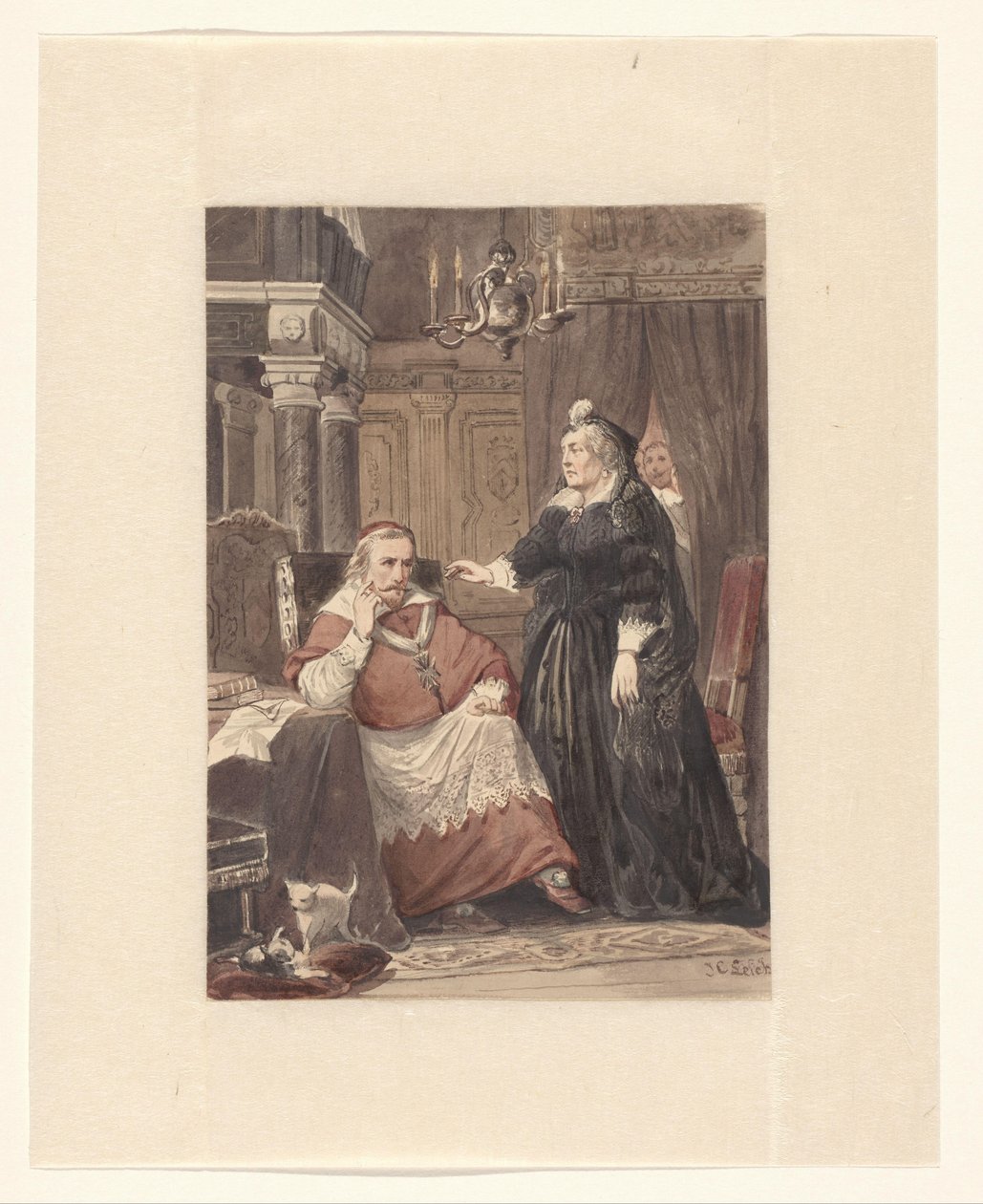Zwei Personen in einem Interieur, möglicherweise Maria de Medici und Kardinal Richelieu von Johan Coenraad Leich (signed by artist)