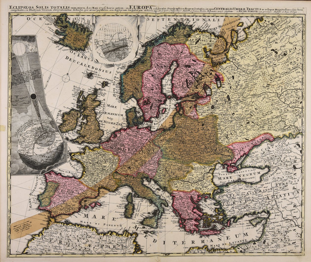 Geographische Darstellung der totalen Sonnenfinsternis am 12. Mai 1706, in Europa beobachtet von Johan Gabriel Doppelmayr