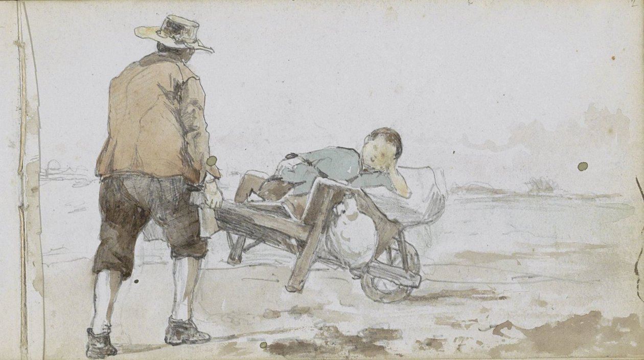 Landschaft mit einem Mann, der einen Jungen auf einem Handkarren schiebt von Johan Hendrik Weissenbruch