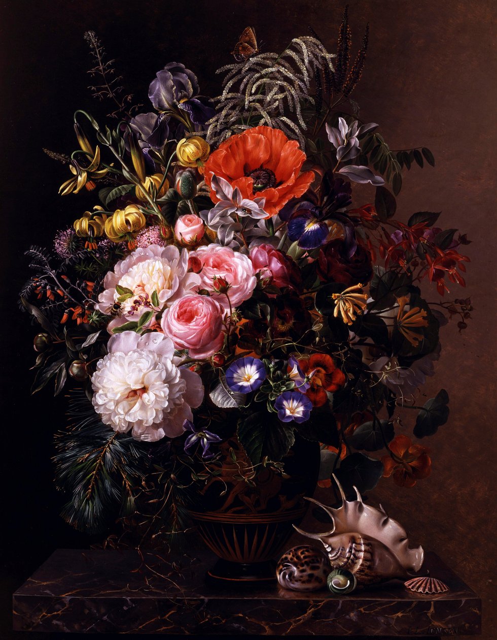 Mohnblumen, Pfingstrosen, Rosen und Kapuzinerkresse in einer griechischen Vase von Johan Laurents Jensen
