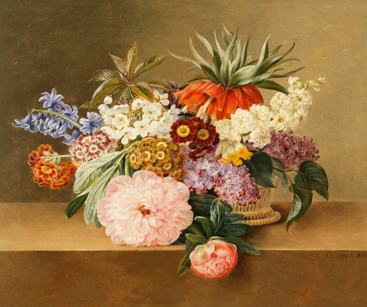 Iris, Flieder, Primeln, Blüten und Pfingstrosen in einem Korb von Johan Laurents Jensen
