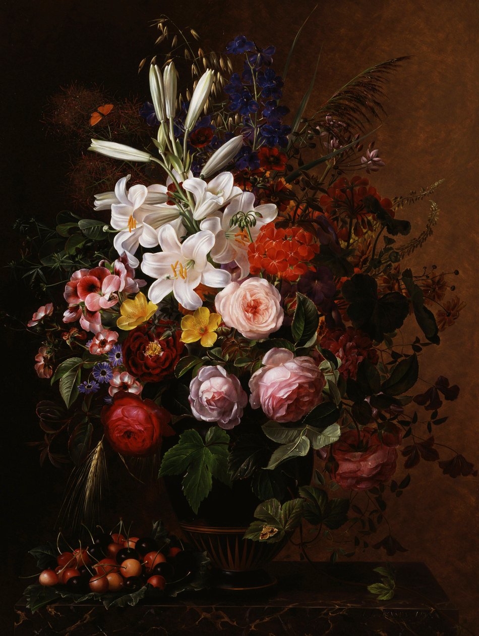 Lilien, Pelargonien und Rosen in einer griechischen Vase. Gemälde von Johan Laurentz Jensen (1800-1856) Privatsammlung. von Johan Laurents Jensen