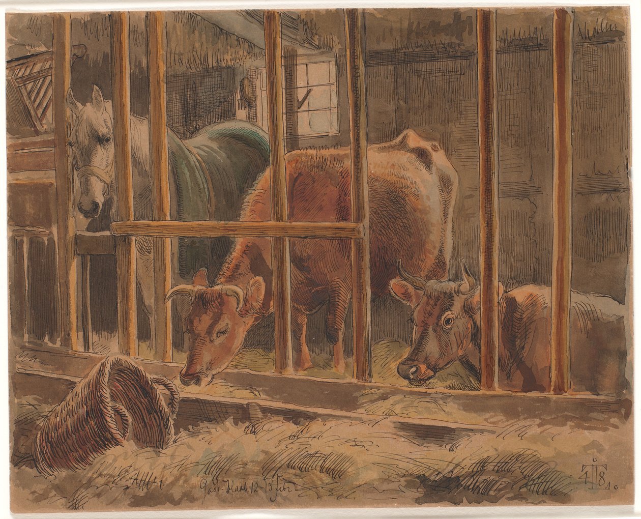 Das Innere eines Stalls mit einem weißen Pferd und zwei Kühen von Johan Thomas Lundbye