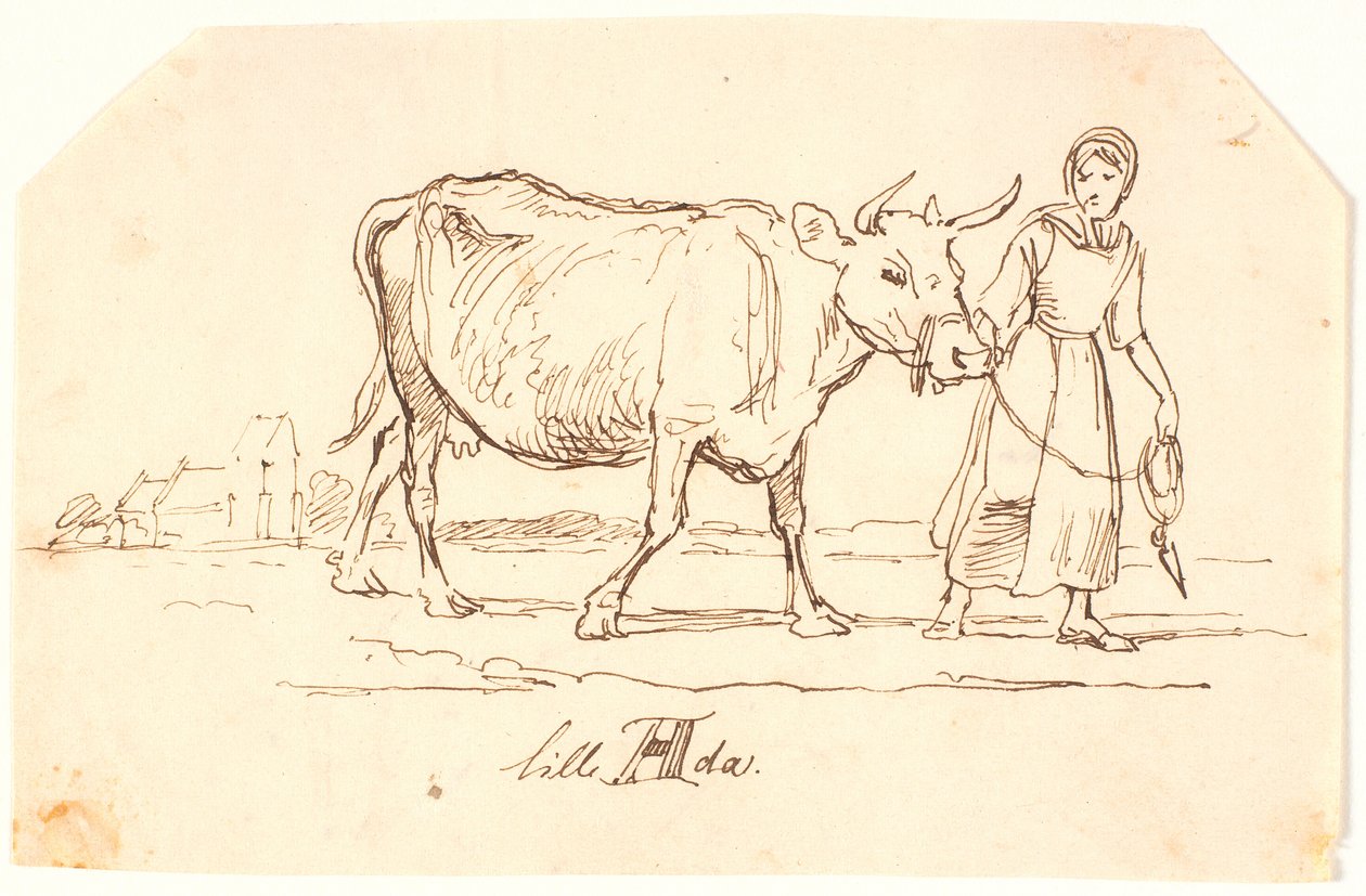 Ein Mädchen zieht eine Kuh in einer Landschaft mit einer Kirche. "Kleine Ada" von Johan Thomas Lundbye
