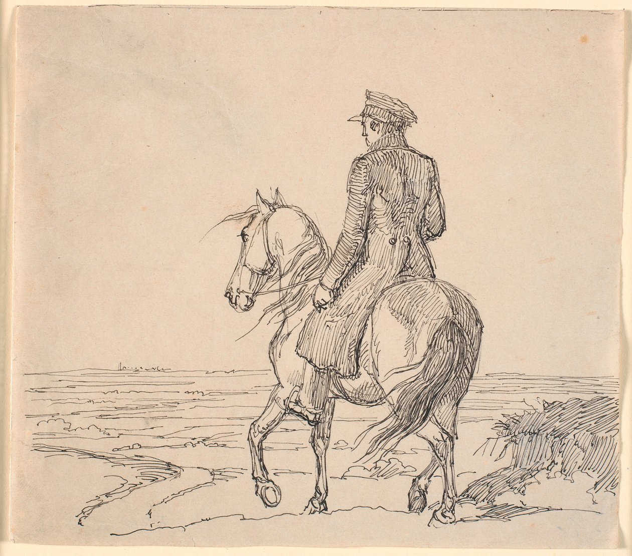 Ein Reiter schräg von hinten gesehen, reitend in eine weite Landschaft von Johan Thomas Lundbye