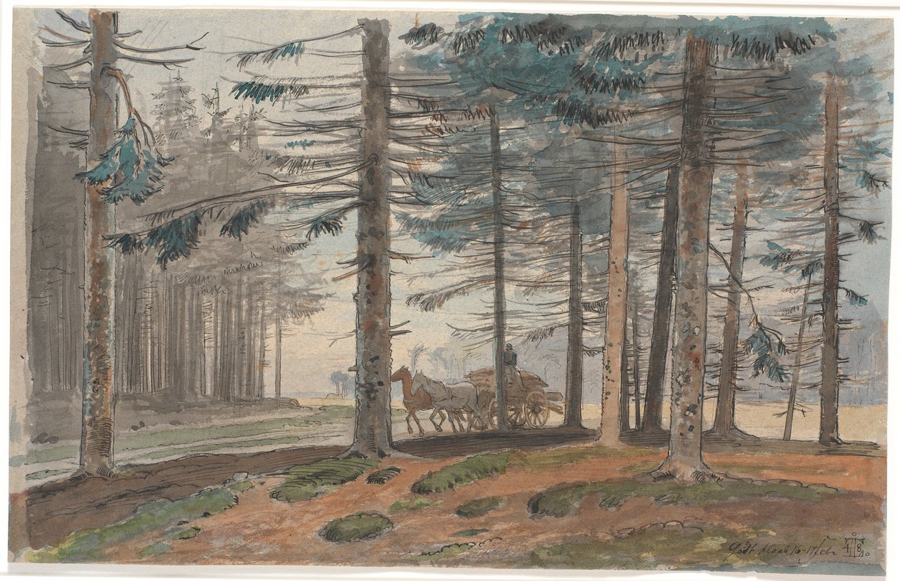 Fichtenwald mit Weg, auf dem ein Pferdewagen mit Holz fährt. Im Hintergrund eine Lichtung im Wald von Johan Thomas Lundbye