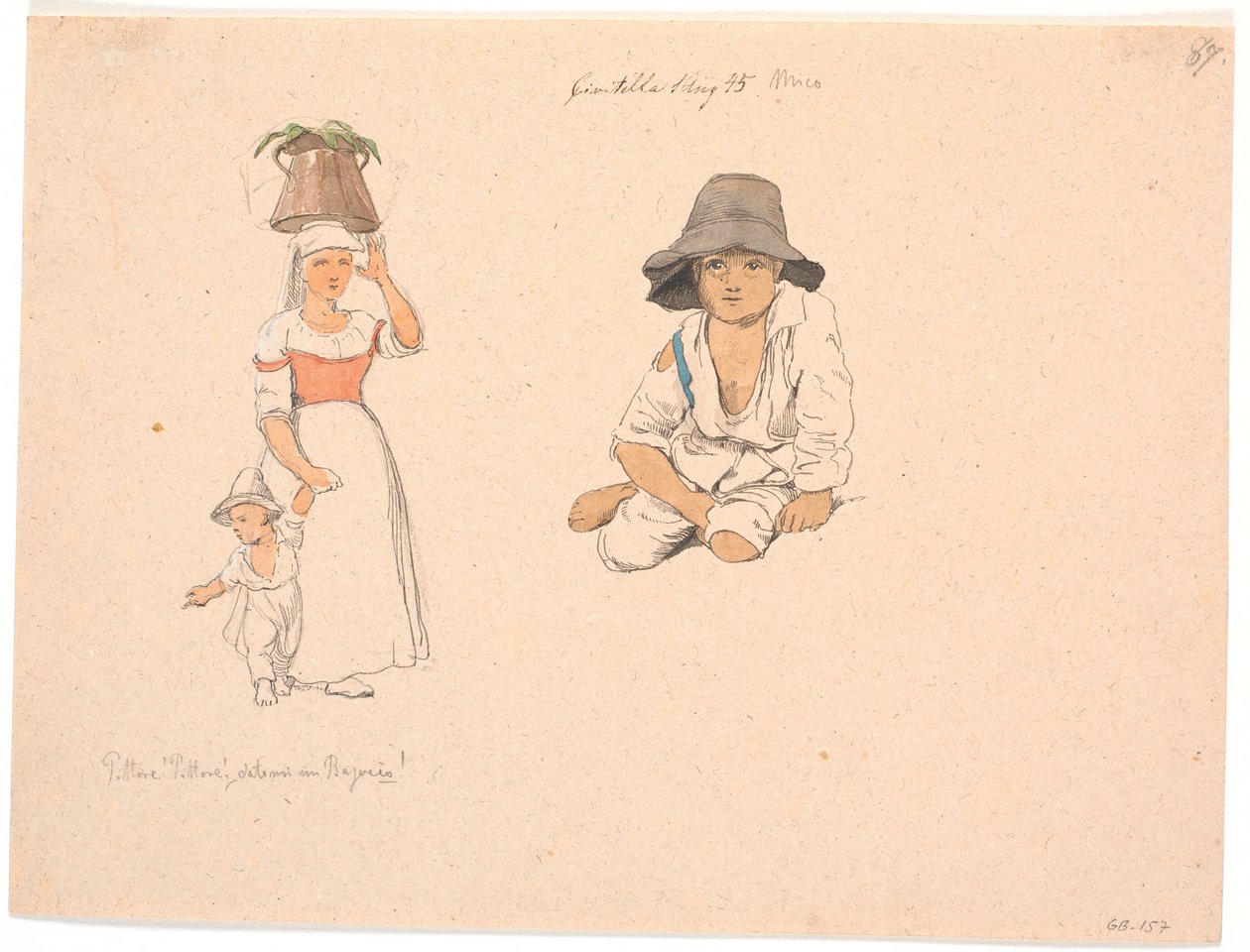 Italienerin mit einem Eimer auf dem Kopf und einem bettelnden Jungen an der Hand. Rechts eine Studie eines sitzenden italienischen Jungen von Johan Thomas Lundbye