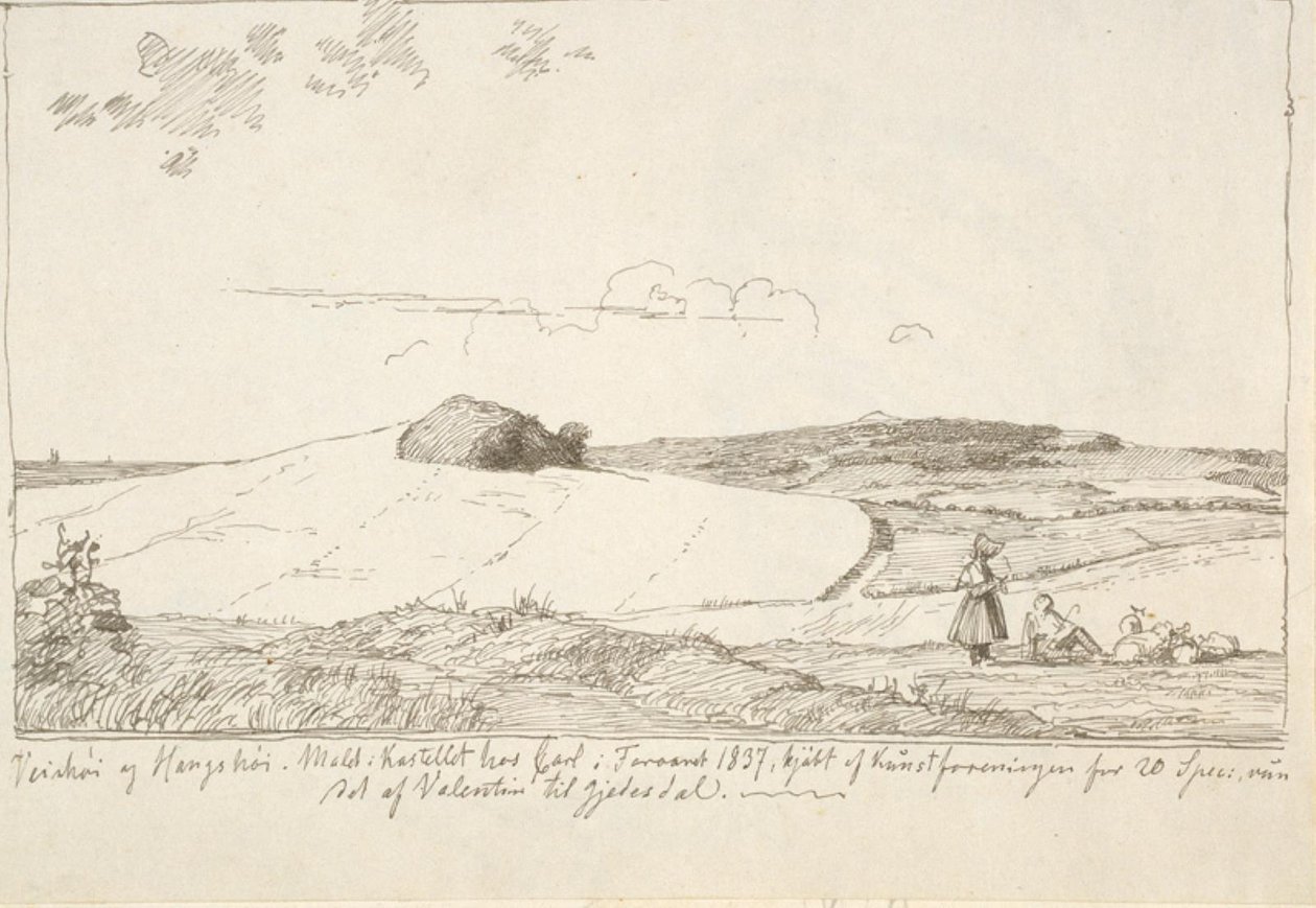 Seeländische Landschaft. Im Hintergrund Vejrhøj, eingeklebt f.n. Seite 6 von Johan Thomas Lundbye