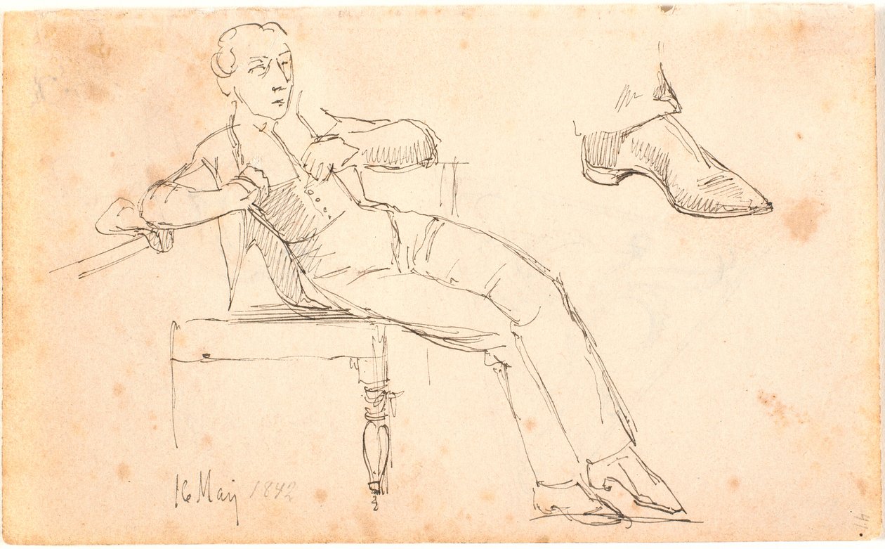 Skizzenbuchblatt mit sitzendem jungen Mann und Studie eines Schuhs von Johan Thomas Lundbye