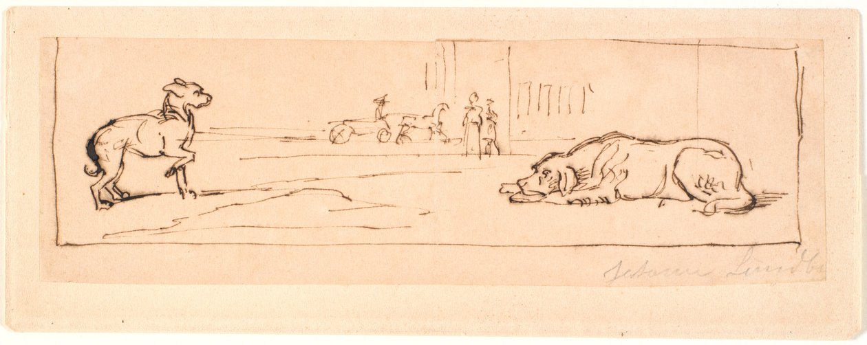 Zwei Hunde auf einer Straße. Im Hintergrund ein Pferdewagen und zwei Fußgänger von Johan Thomas Lundbye