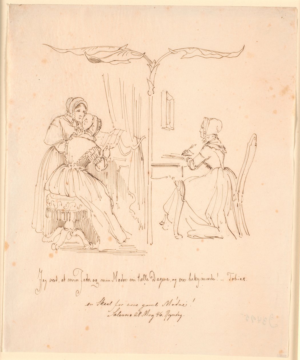 Zweiteilige Darstellung mit links zwei Brief lesenden Damen, rechts eine Brief schreibende Dame von Johan Thomas Lundbye
