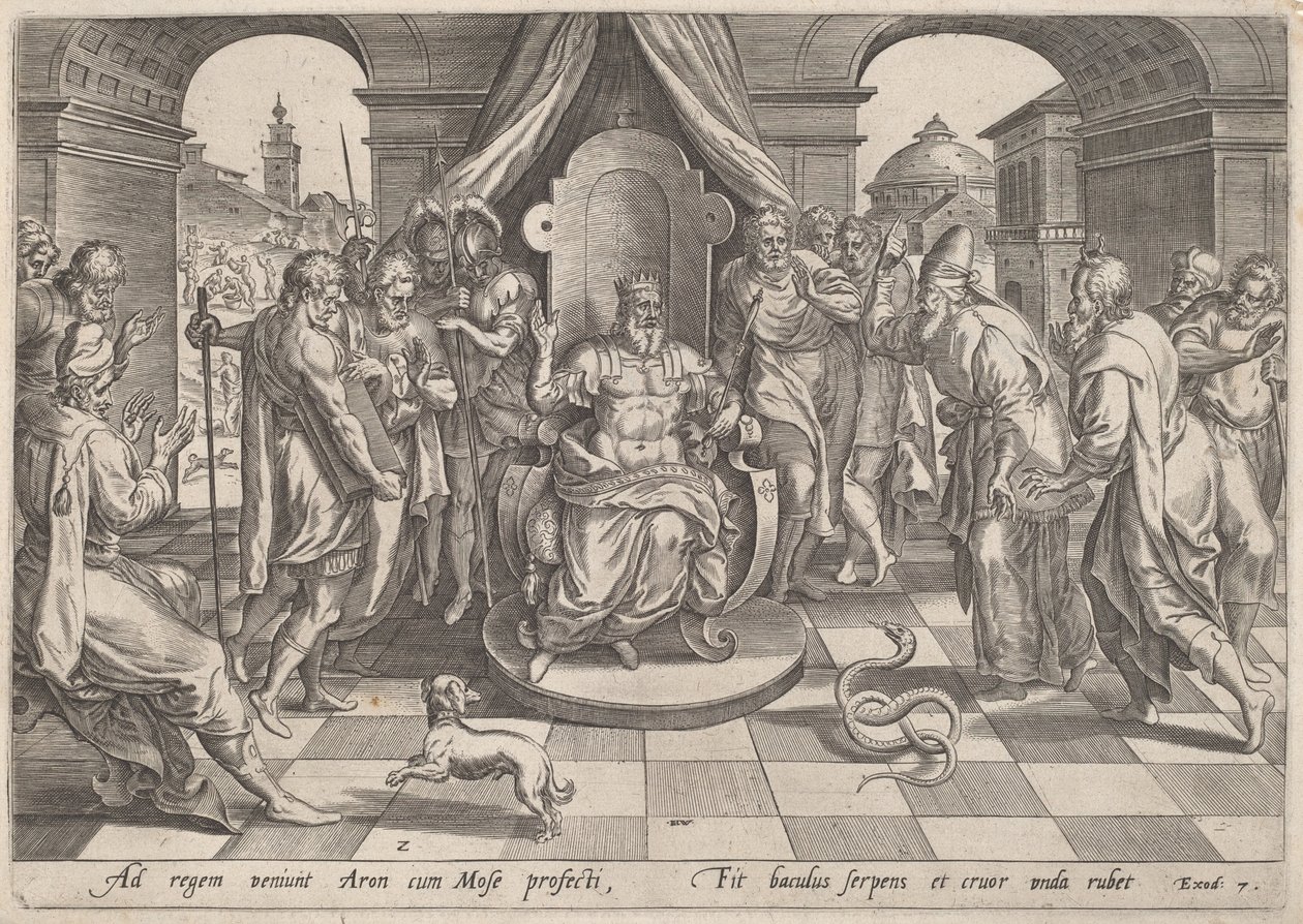 Moses und Aaron vor dem Pharao von Johan Wierix, after Maarten van Cleef