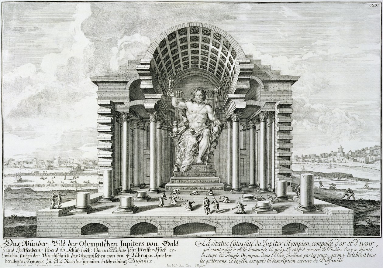 Statue des Olympischen Zeus, hergestellt von Phidias in Gold und Elfenbein, gezeichnet nach der genauen Beschreibung von Pausanias (143-176 n. Chr.), aus 